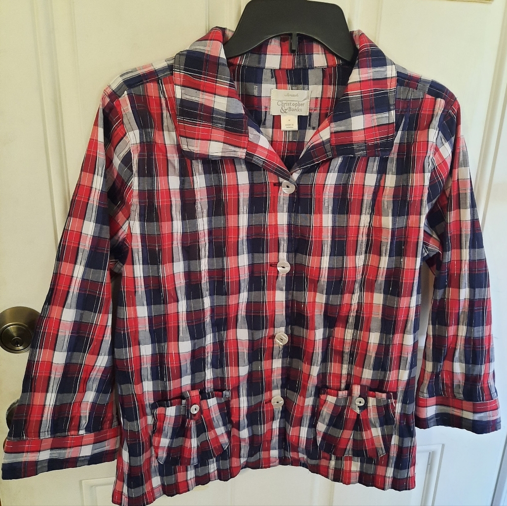 Christopher & Banks Red, White, And Blue Stretch Plaid Button Up Shirt